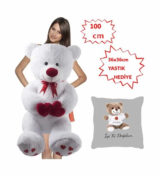 100 Cm Beyaz Bobo Peluş Ayı Yastık Hediyeli