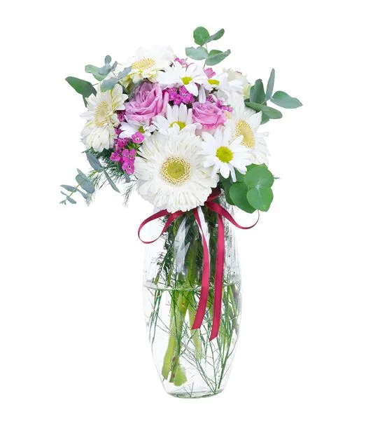 Pembe Dokunuş Beyaz Gerbera ve Gül Vazolu Aranjman