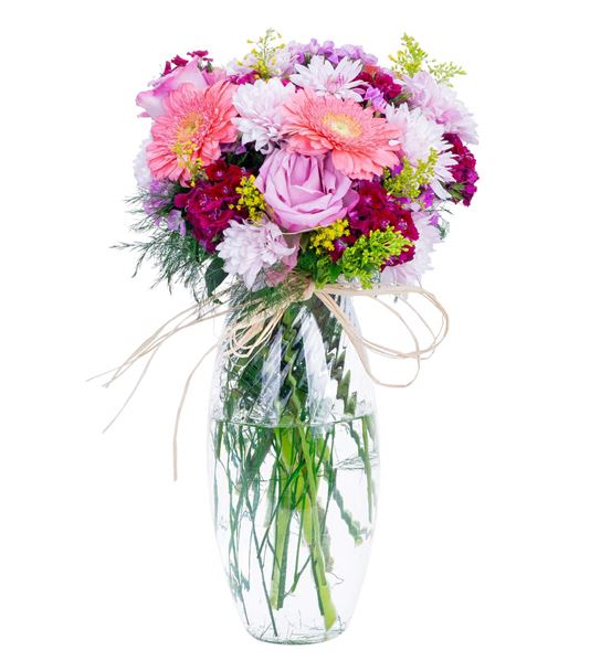 Pembe Işık Gerbera ve Gül Zarif Cam Vazoda